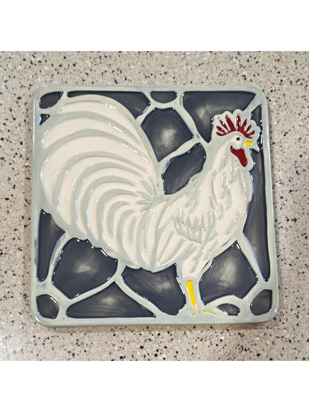 Red Shed Ceramic Rooster Trivet, 7x7 Square Glossy Gray/White Farm Country